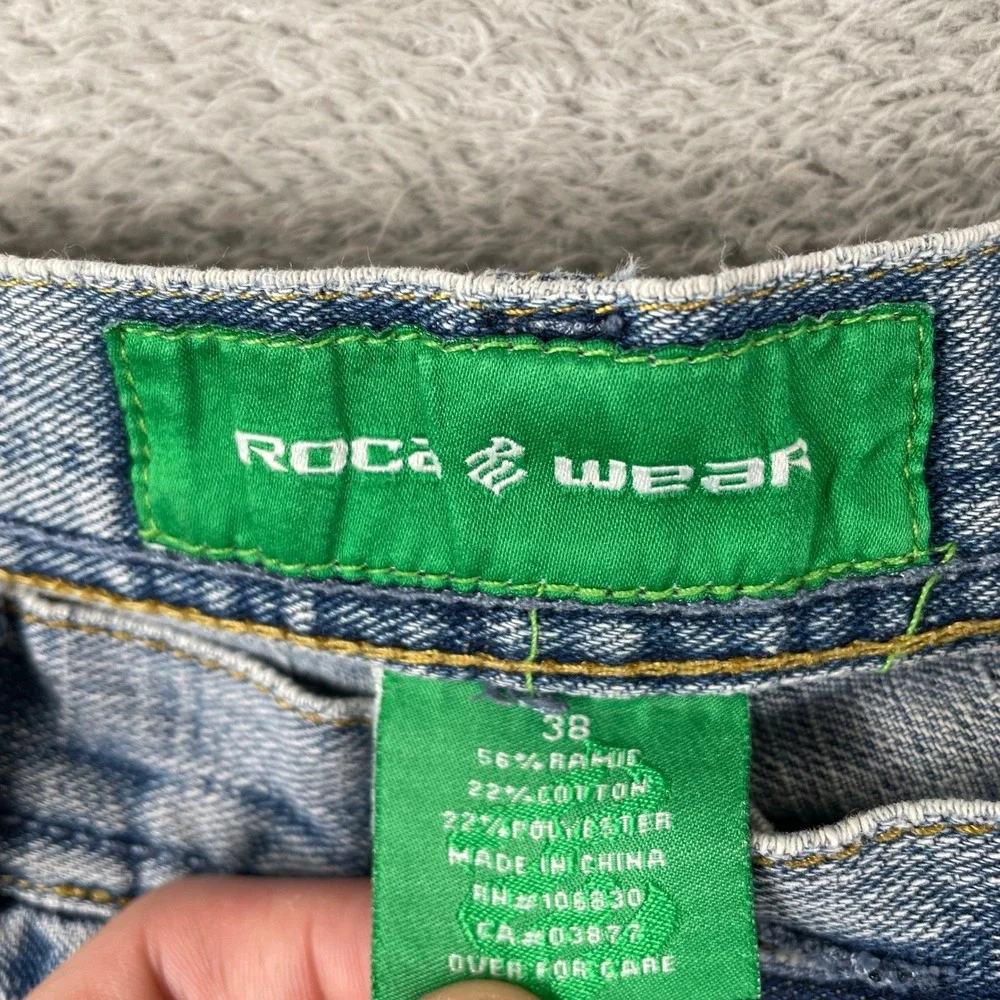 Rocawear Jeans Mens 38x30 Blue Baggy Y2K Streetwear Embroidered Hip Hop Denim